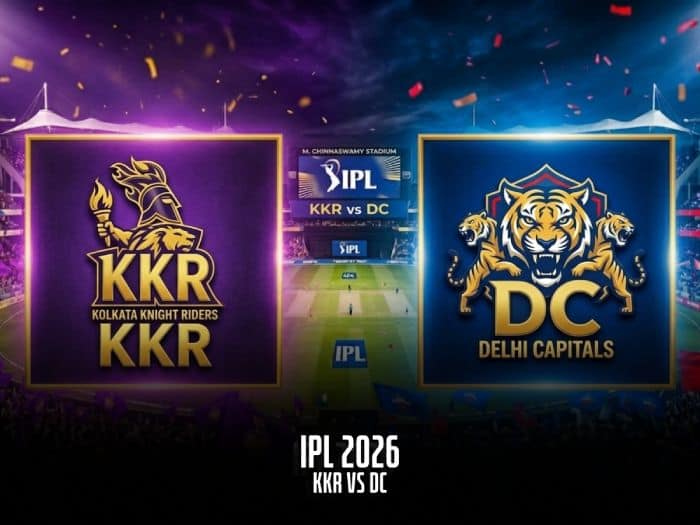 IPL 2026 match between Kolkata Knight Riders (KKR) and Delhi Capitals (DC), featuring their respective team logos. The image shows a vibrant stadium with purple and blue flags representing KKR and DC fans. The match details 'IPL 2026 - KKR vs DC' are displayed at the bottom.