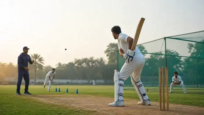 Beginner cricketer practises batting, bowling and catching with a coach