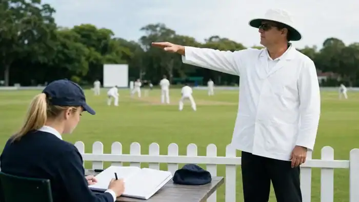 Cricket umpire demonstrates a signal while a scorer records the match