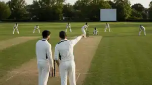 Cricket captain directs fielders during a match