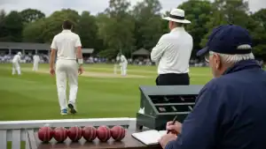 Scorer tracks a cricket over beside six red balls