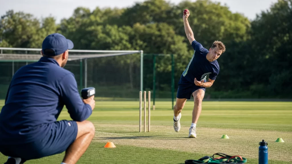Fast bowler trains for speed while a coach uses a radar