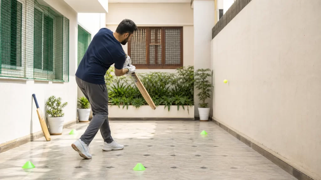 Cricketer practises safely at home with a tennis ball