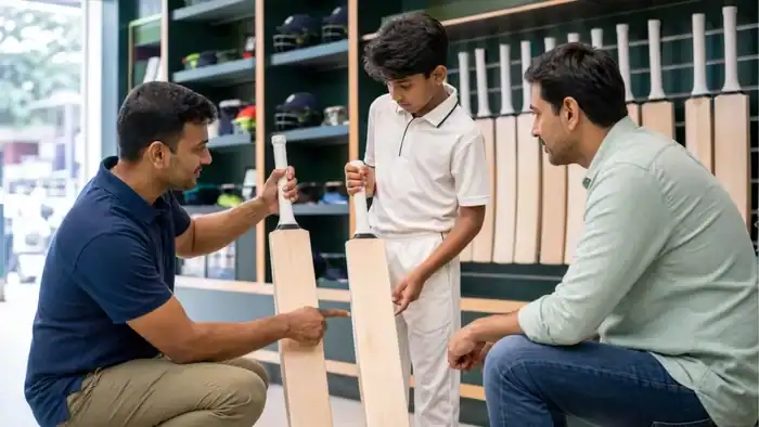 Junior player compares cricket bat sizes with a fitter and parent