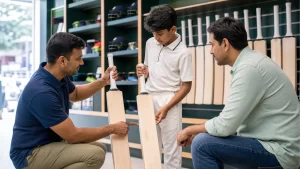Junior player compares cricket bat sizes with a fitter and parent