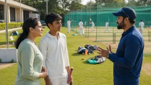 Parent and teenage player speak with a coach at a cricket academy in India
