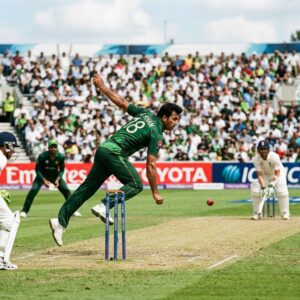 J. Khan bowling a fast delivery in cricket with batsman ready to face ball