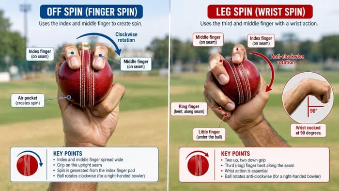 Technical comparison diagram of off spin finger grip vs leg spin wrist grip in cricket